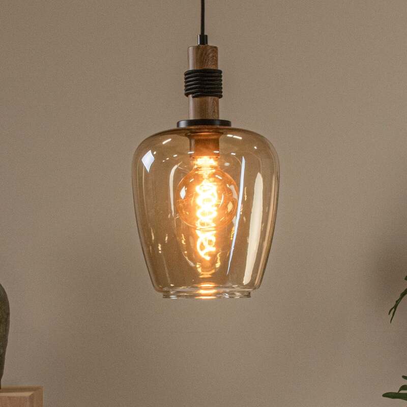 Lucide Pendelleuchte Hängelampe Glas amber schwarz Ilona Ø 22 cm E27 LED Lampe - 5411212452665