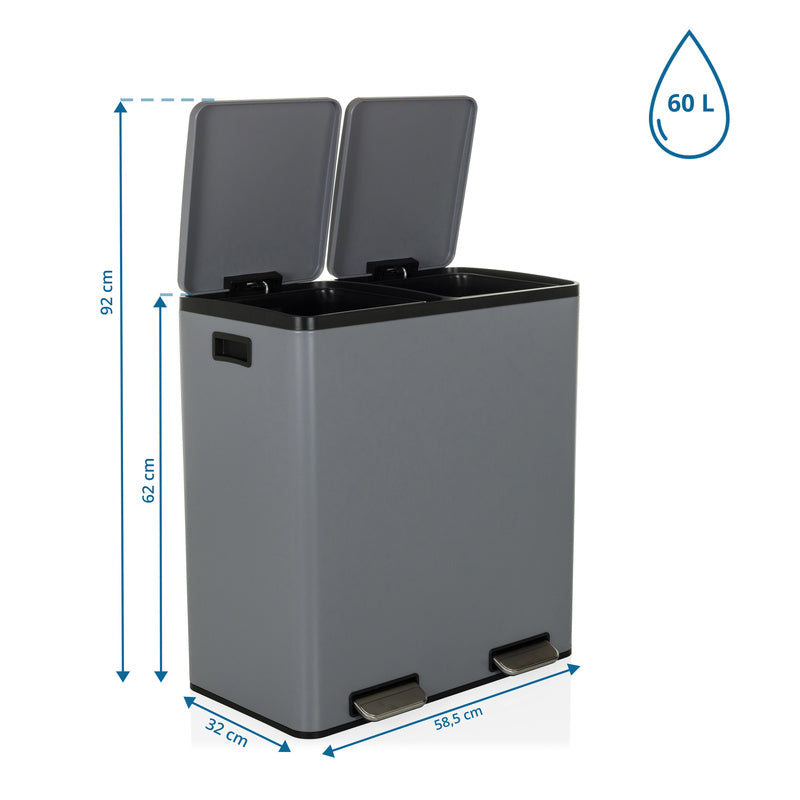 Hjh OFFICE Abfallsammler CLEAN XIII 60L grau Stahl mit Softclose 2x30L - 4064323038504