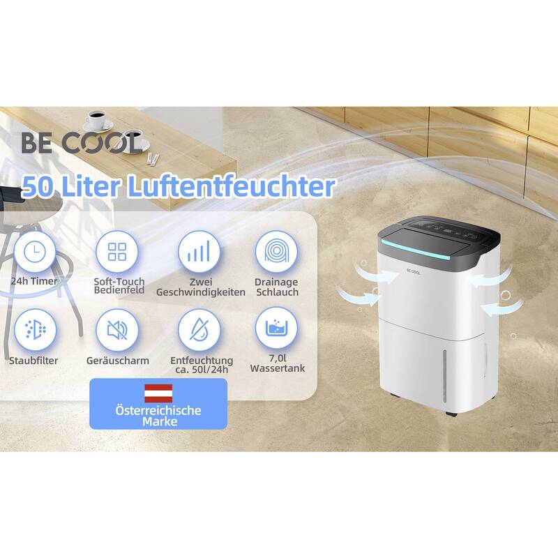 Be Cool Luftentfeuchter 50 l/Tag für Räume bis 50 m² mit Fernbedienung Weiß - 9005151002201