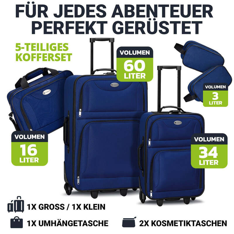 Reise Trolley Kofferset Athen 5-teilig 2 Trolleys Umhängetasche Set blau - 4260565527619