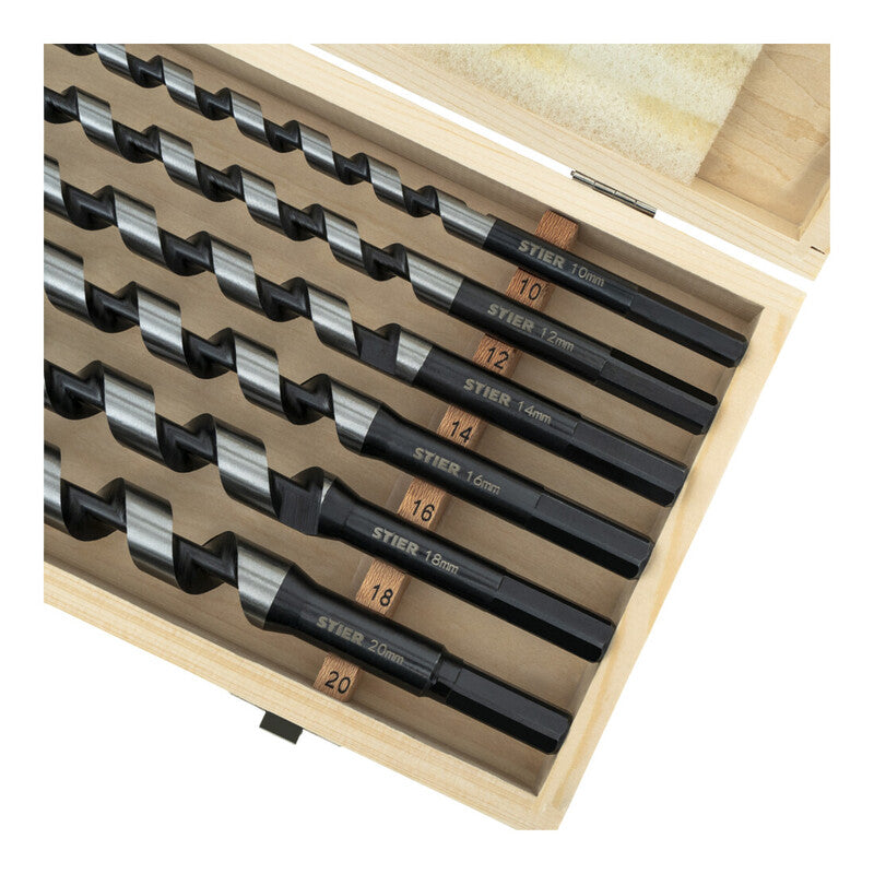 STIER Schlangenbohrer Bohrer Set 6-teilig Federstahl 10-20mm 385mm Holzbox 460mm - 4251709622291