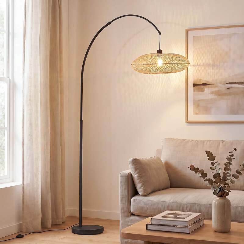 Lindby Bogenleuchte Solvian schwarz/natur Bambus Metall Lampe Leuchte Spot - 4255830904288