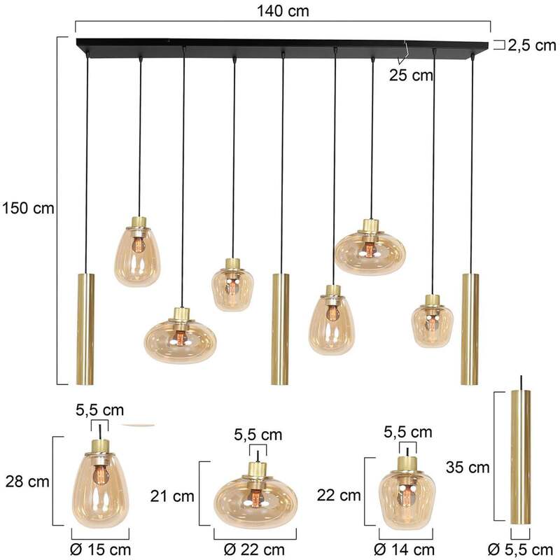 Hängeleuchte Reflexion 9-flammig Metall Glas messing amber dimmbar 140 cm - 8712746172966
