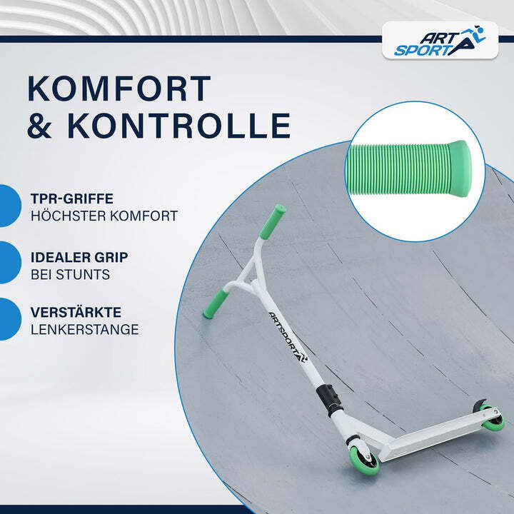 Stunt Scooter für Kinder 360° Lenker 100 mm Rollen Stuntroller Tricks grün weiß - 4260565526360