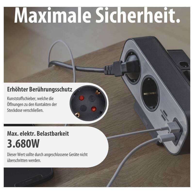 Brennenstuhl Tischsteckdose 10fach Silber USB Schutzkontakt Innenbereich 230V - 4007123682164