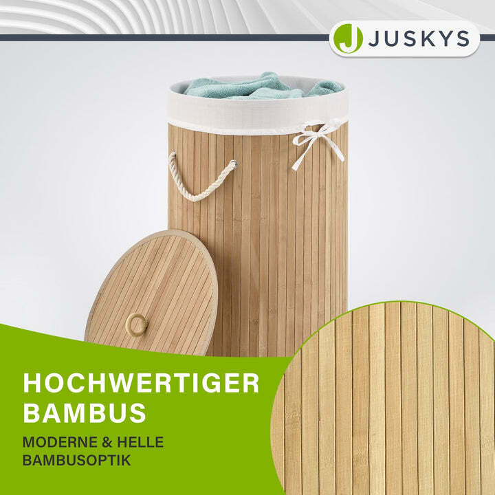 Bambus Wäschekorb Curly-Round 55l Wäschekorb mit Deckel und Stoff-Wäschesack - 4260565522751