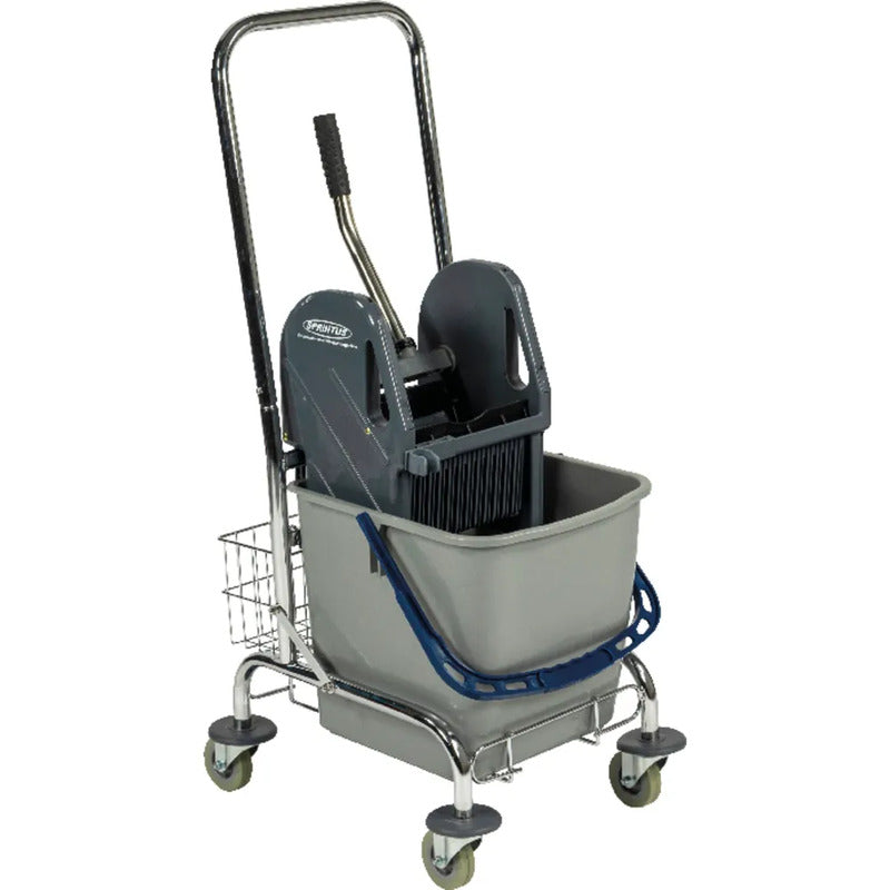 Sprintus Einfachfahreimer Abfallwagen chrom 27l mit Mopppresse Putzwagen - 4260206870203