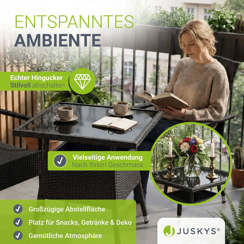 Eckiger Gartentisch Yoro Polyrattan Tisch mit Glasplatte 80x80cm schwarz - 4262437180205