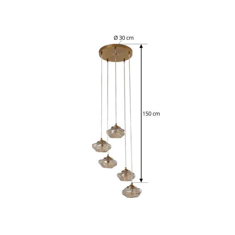 Lindby Hängelampe Piatra Ø45cm 5-flg amber/messing Glas dimmbar IP20 - 4251911796537