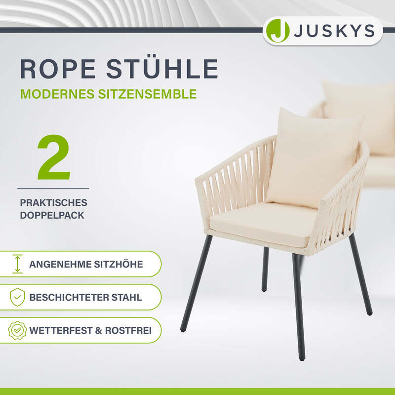 Gartenstuhl 2er Set Rope Stuhl Beige mit Seilgeflecht und Kissen Terrasse Balkon - 4262437184685