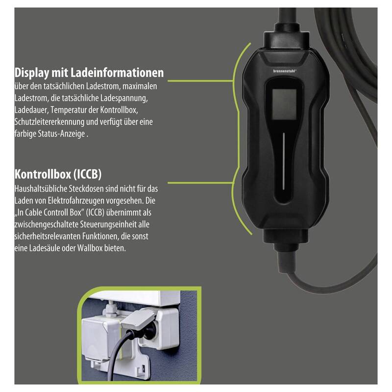 Brennenstuhl EV-Ladestation Typ 2 Mode 2 10A 2 Anschlüsse 2,3kW IP55 8m Kabel - 4007123693108