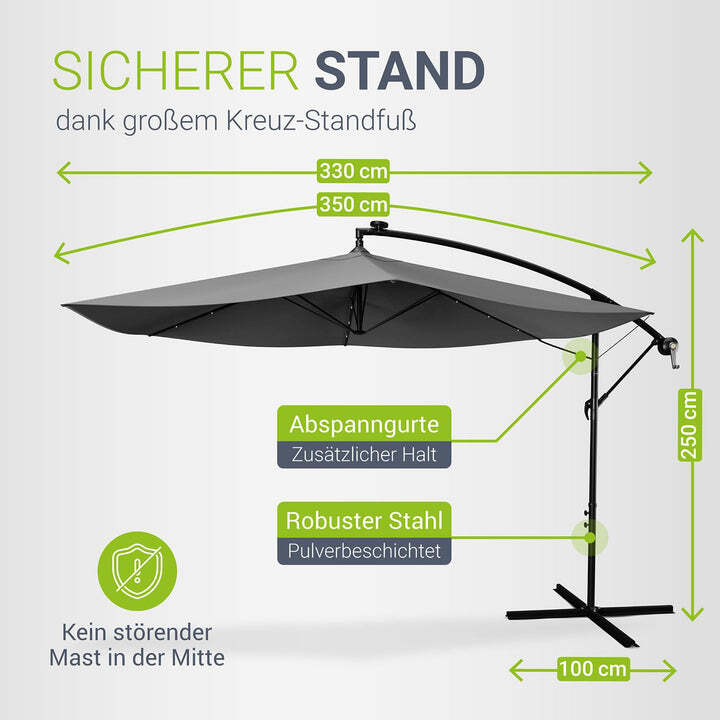 Ampelschirm Garten Brazil Dunkelgrau mit LED Kurbel und Standfuß 350cm groß - 4260565520290