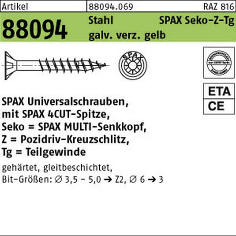 SPAX Universalschraube Senkkopf YELLOX 4x55mm 500 Stück Teilgewinde Pozidriv - 4003530023064