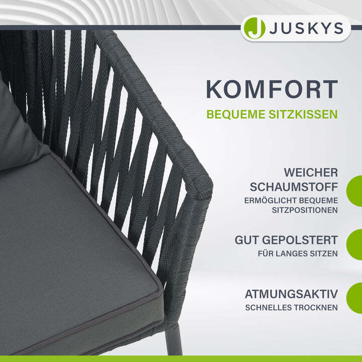 Gartenstuhl Rope 2er Set Stuhl mit Seilgeflecht und Kissen dunkelgrau schwarz - 4262437184661