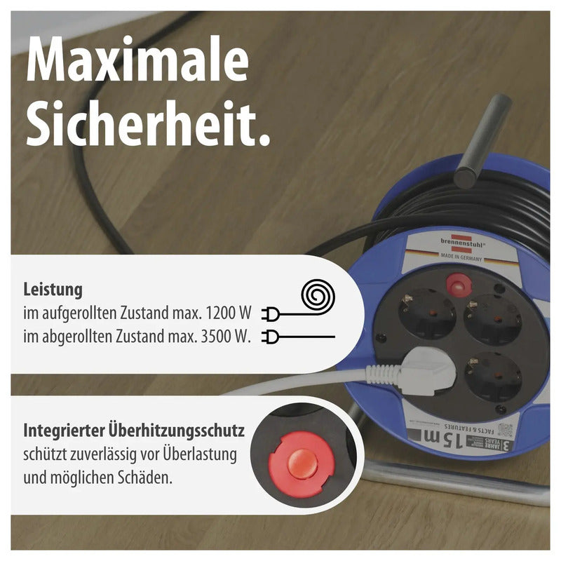 Brennenstuhl Kabeltrommel 15m Schutzkontakt-Stecker 4-fach Überhitzungsschutz - 4007123108053