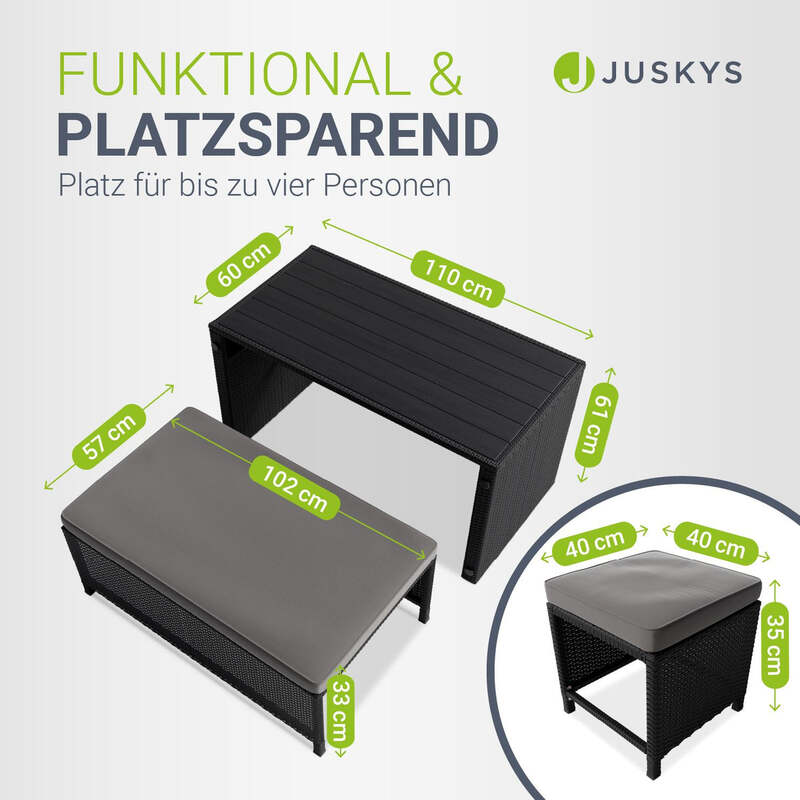 2in1 Polyrattan Gartenmöbel Jamaika Lounge-Set für Balkon 2-4 Personen schwarz - 4262437185224