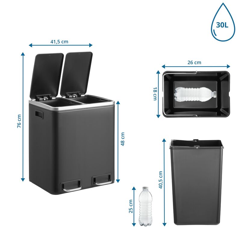 hjh OFFICE Mülleimer Abfalleimer Clean 9 schwarz Mülltrennung 2 x 15 Liter innen - 4064323108665