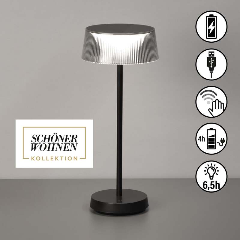 Schöner Wohnen Tischleuchte Lampe LED Akku Torre Schwarz Dimmer USB Außen Innen - 4052231503870