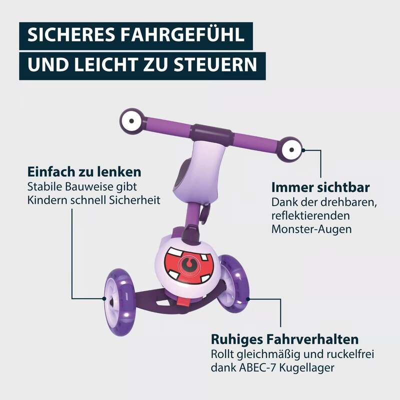 HUDORA Monopattino 4-in-1 Kinderfahrzeug Trike Scooter mit LED-Rädern lavendel - 4005998110546