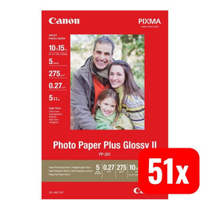 51x B-Ware Canon Fotopapier Plus Glossy II PP-201 5 Blatt Fotopapier DIN A6 260g/m²