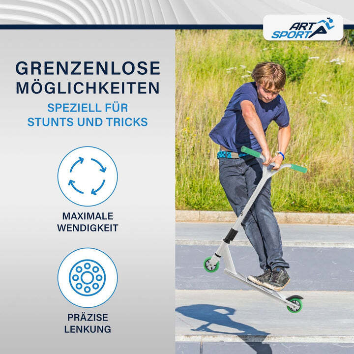 Stunt Scooter für Kinder 360° Lenker 100 mm Rollen Stuntroller Tricks grün weiß - 4260565526360