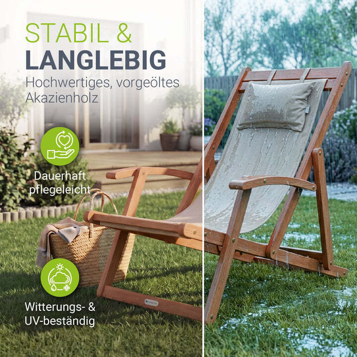 Sonnenliege klappbar Tavira Liegestuhl aus geöltem Akazienholz creme 110x60cm - 4262437187426