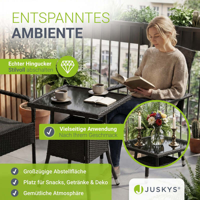 Eckiger Gartentisch Yoro Polyrattan Glasplatte wetterbeständig 60 cm schwarz - 4262437180182