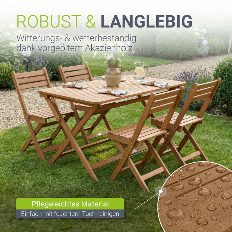 Gartenmöbel Set Rimini Akazienholz Gartengarnitur 5-teilig Tisch 4 Stühle Natur - 4262437187440