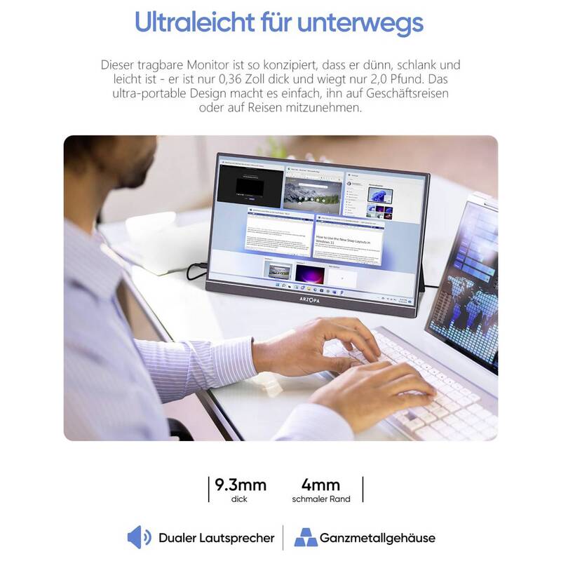 Arzopa Portabler Monitor 17,3 Zoll Full HD 1920x1080 IPS HDMI USB-C schwarz - 6975114120187