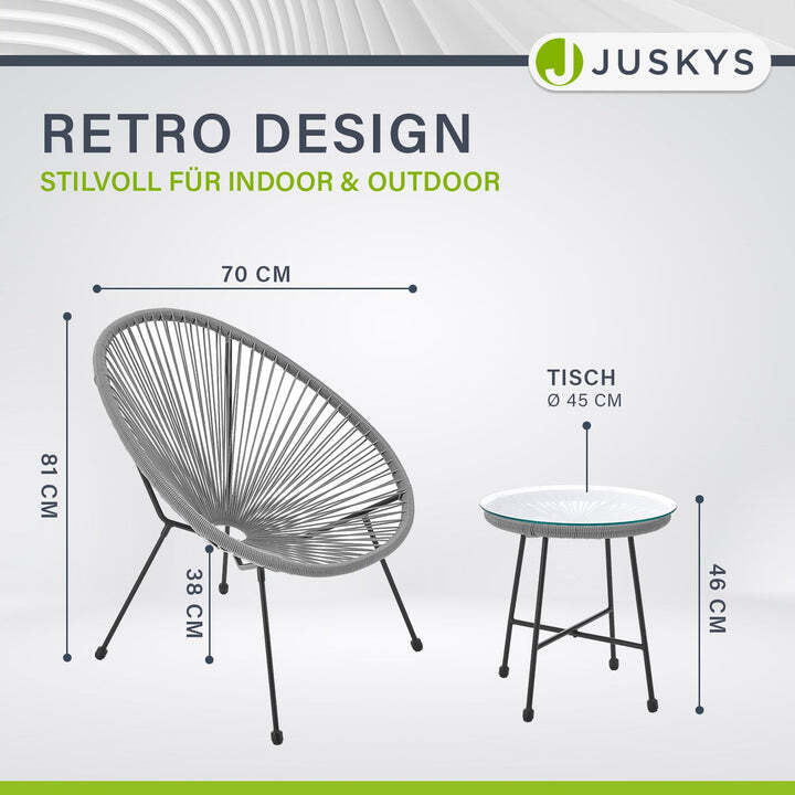Balkonmöbel Set Ostana 3-teilig Sitzgruppe Retro-Design Tisch 2 Sessel hellgrau - 4260565528463