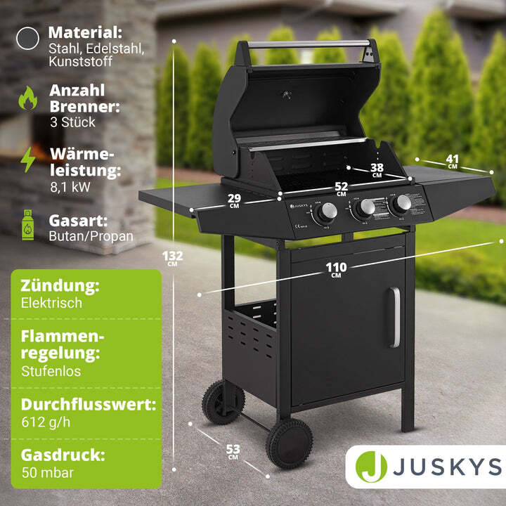 BBQ Gasgrill Louisiana Grillwagen mit 3 Brennern und Abdeckplane schwarz - 4260565523116