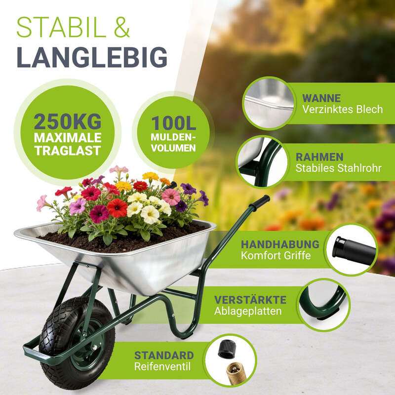 Schubkarre Garten 100l Transporthilfe bis 250kg Luftreifen und Handschuhe Silber - 4260565522492