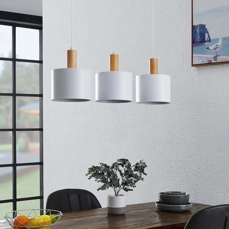 Lindby Hängeleuchte Kadir LED Pendelleuchte dimmbar Holz 3-flammig weiß 73 cm - 4251096592054