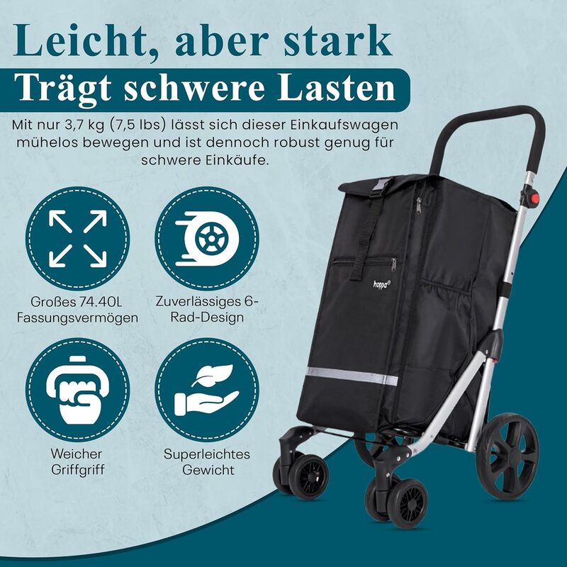 Hoppa Einkaufstrolley Einkaufswagen Trolley Schwarz Faltbar 74L 6 Räder 5 Tasche - 5038230168479