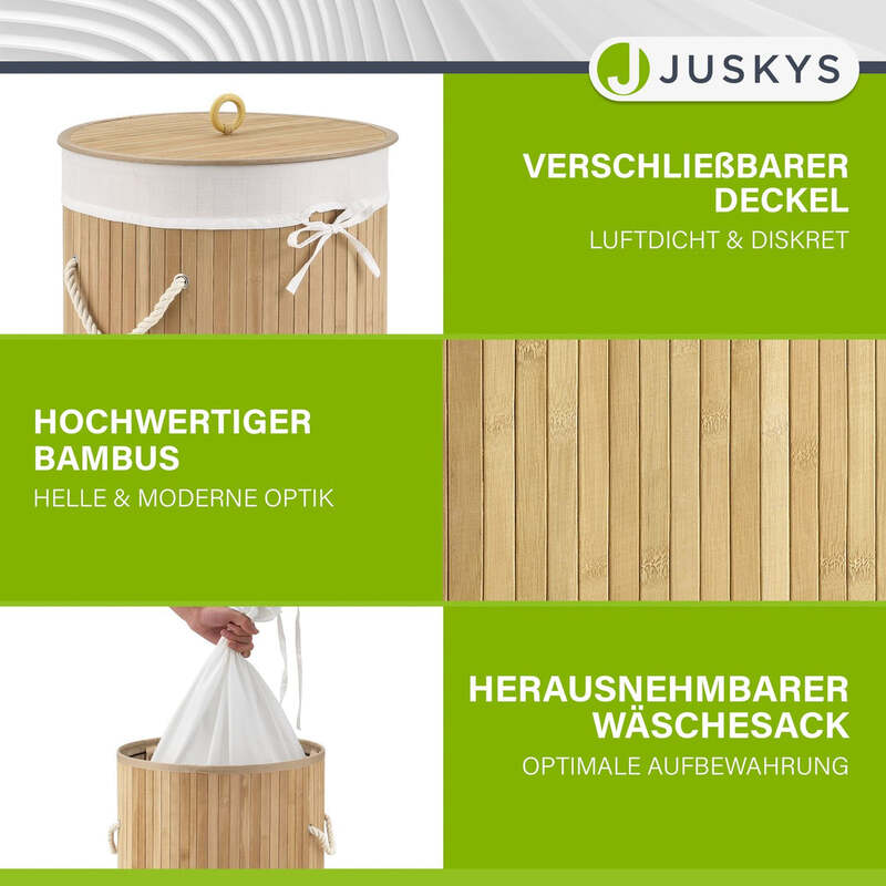 Bambus Wäschekorb Curly-Round 55l Wäschekorb mit Deckel und Stoff-Wäschesack - 4260565522751