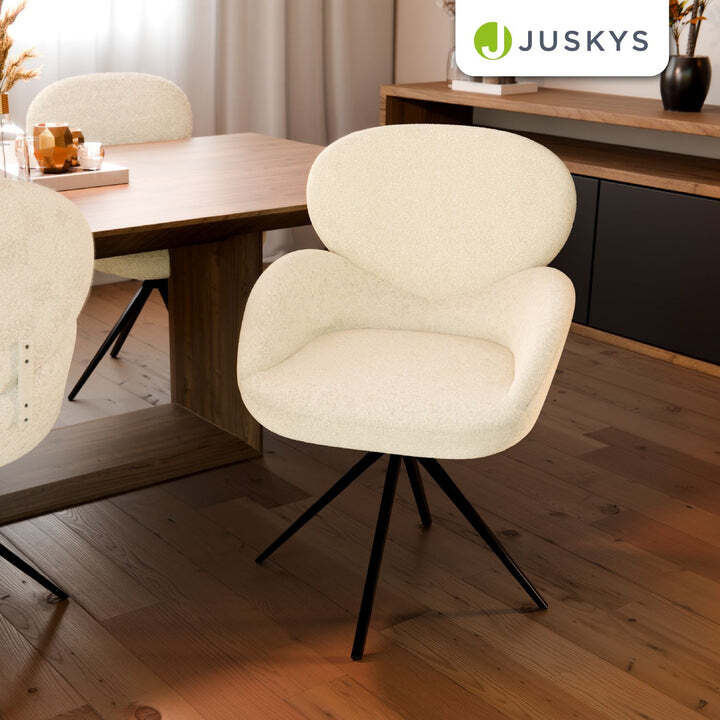 Drehstuhl Albano Esszimmerstuhl Bouclé Stoff Creme Drehfunktion 90cm hoch 59cm - 4262437184722