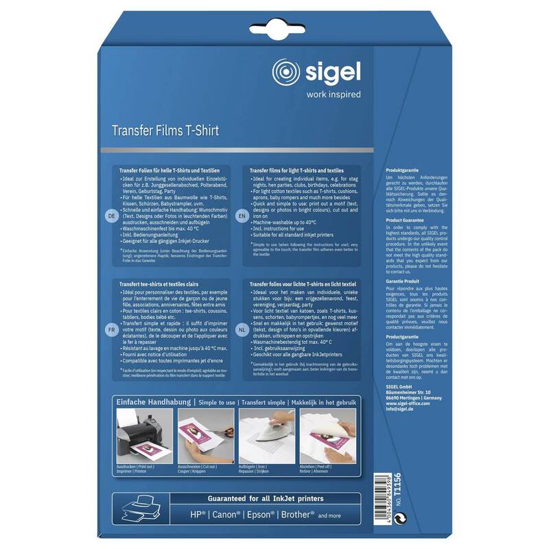 Sigel TShirt Transferfolien Textilfolien helle Baumwolle 12 Stück Inkjet - 4004360849398