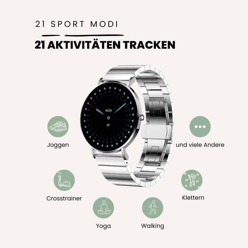 XCOAS SIONA Smartwatch Damen Unisex minimalistische Fitnessuhr Silber855 - 4260449576924