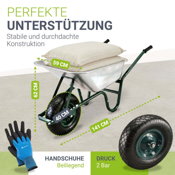 Schubkarre Garten 100l Transporthilfe bis 250kg Luftreifen und Handschuhe Silber - 4260565522492