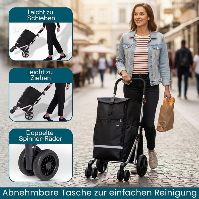 Hoppa Einkaufstrolley Einkaufswagen Trolley Schwarz Faltbar 74L 6 Räder 5 Tasche - 5038230168479