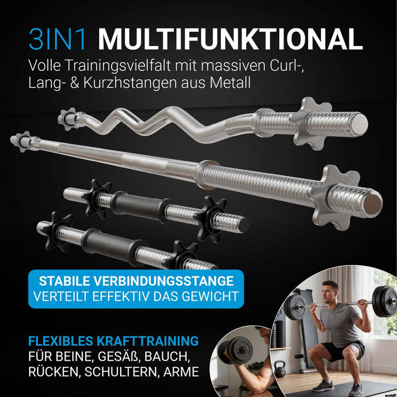 3in1 Hantelset 60kg Kurz-, Lang- und Curlhantel mit Gewichten rutschfest Set - 4260565522287