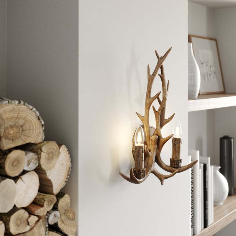 Lindby Wandleuchte Fibi LED Wandlampe Geweih 2-flammig dimmbar braun 36x47cm - 4251096572278