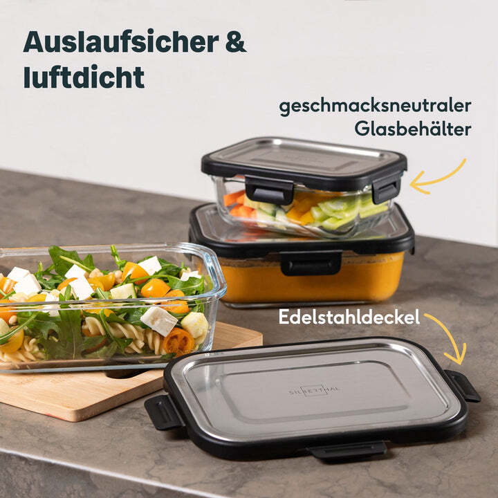 SILBERTHAL Frischhaltedosen Vorratsdosen Glas Edelstahl 3er-Set Klickverschluss - 4260470464115
