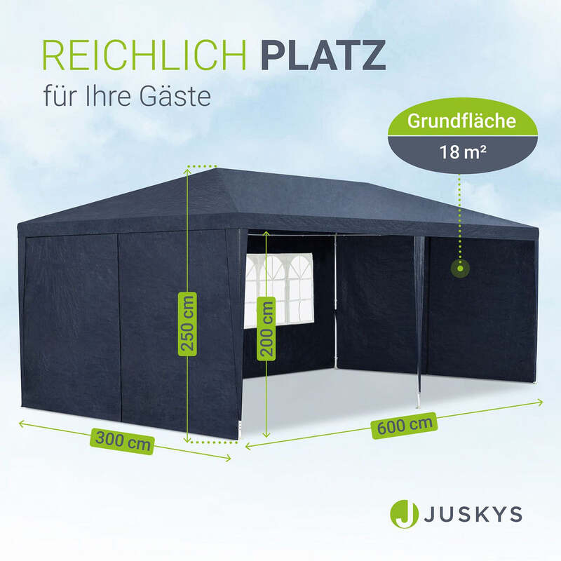 Partyzelt 3x6m Gartenzelt blau mit Dach und Seitenwänden Heringe Seile Zubehör - 4260304767702