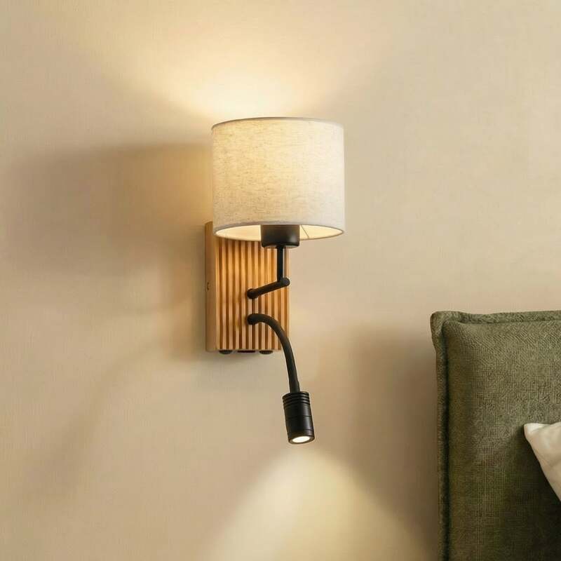 Lucande Wandleuchte Wandlampe Lieske Leselicht Textil Holz beige 39 cm - 4255830901249