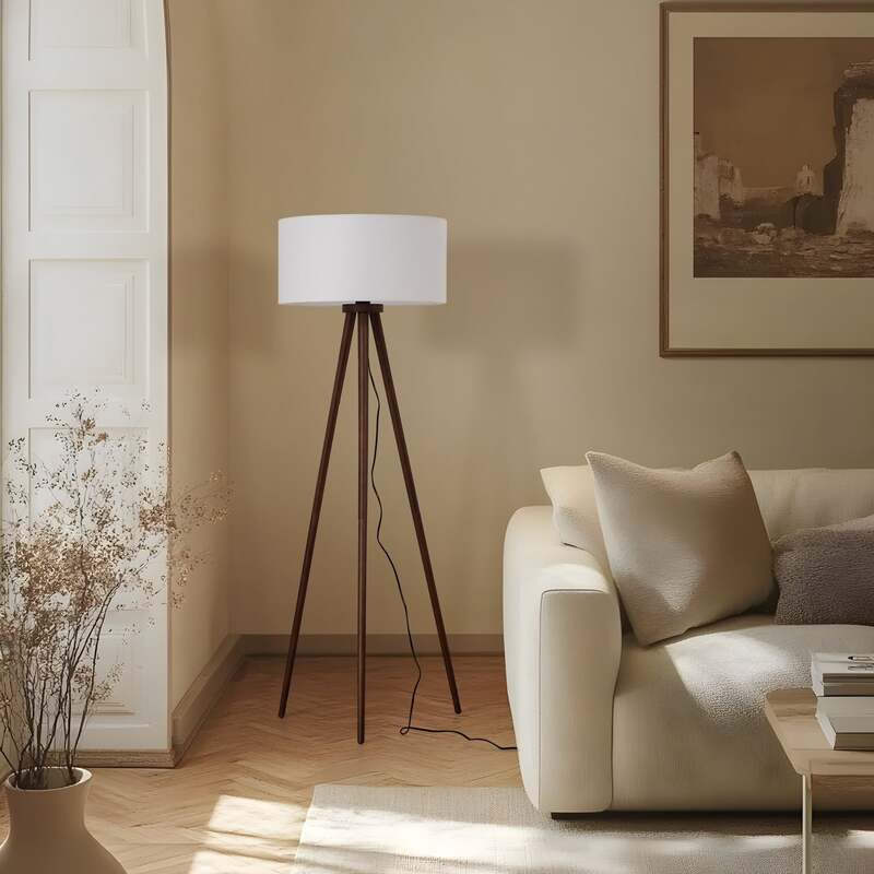 Lindby Stehleuchte Charlia 150 cm weiß Walnussholz E27 15 W mit Schalter - 4255830903090