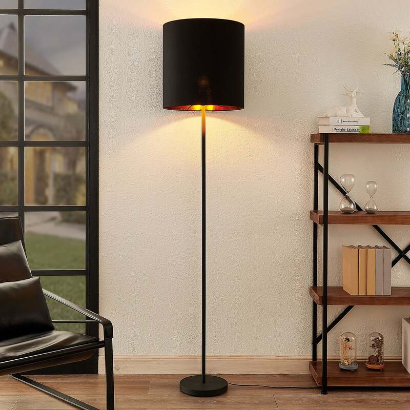 Lindby Stehleuchte Nymar schwarz-gold Lampe Leuchte LED E27 179cm Stoff Metall - 4251096578058