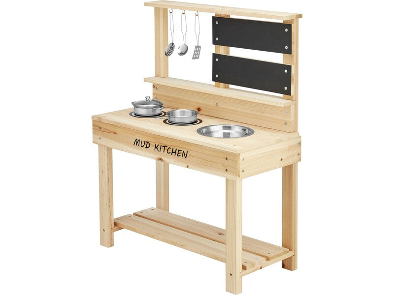 Matschküche Spielküche Naturholz mit Kreidetafel und Küchen-Set 60x30x75cm - 4007874568540