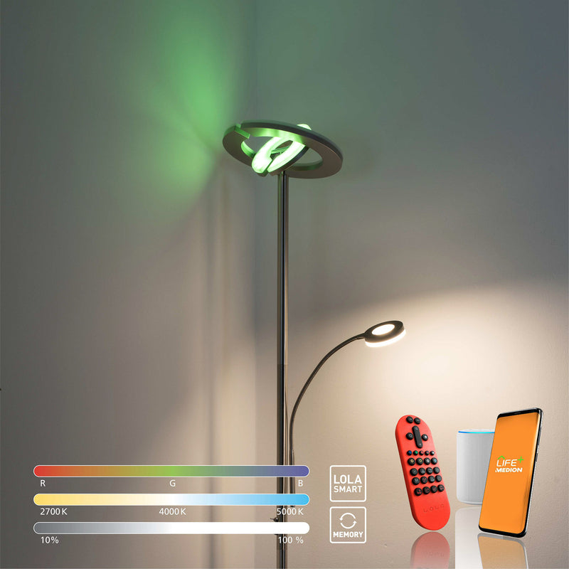 LOLA Smart LED-Deckenfluter Rocco dimmbar mit Lesearm Farbwechsel silber 195cm - 4043689978969