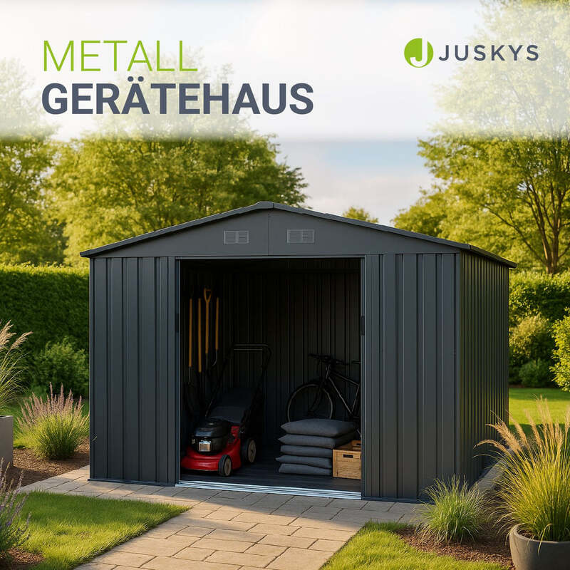 Gerätehaus Metall Geräteschuppen dunkelgrau mit Fundamentrahmen 282x314x190cm - 4262437186535